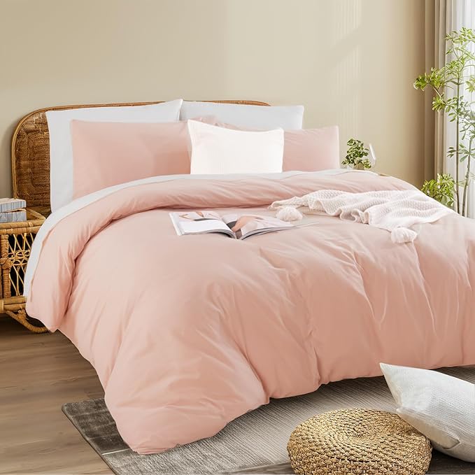 NEXHOME PRO Duvet Cover Set Oversized Queen 98"x98" Linen Look Textured Organic Natural 100% Washed Cotton Duvet Cover 3 Pieces Bedding Set Zipper Closure, Breathable, Dusty Pink (No Comforter)