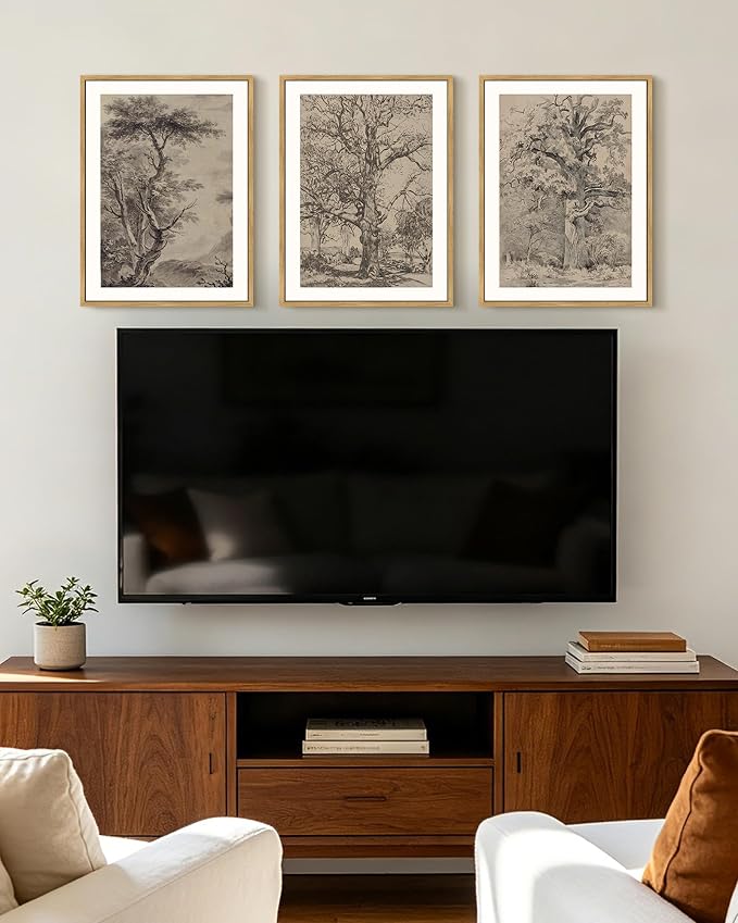 KUVIOKE Vintage Tree Framed Wall Art Retro Antique Forest Drawings Nature Wilderness Sketch Wall Painting Modern Decor 12x16in (Natural Framed)