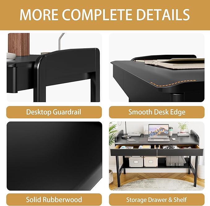 100% Solid Wood Desk with Drawers - 40 Inch Simple Modern Desks, Writing Desk with Drawers & Shelf, Work Study Table, Adjustable Height Home Office Computer Desks - Black