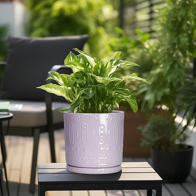 Eightpot 10 Inch Planter, Ceramic Plant Pots for Indoor Outdoor, Round Pot for Plants with Drainage Hole and Sacuer, Boho Plant Pot, Decorative Flower Pots, Living Room Decor, Purple