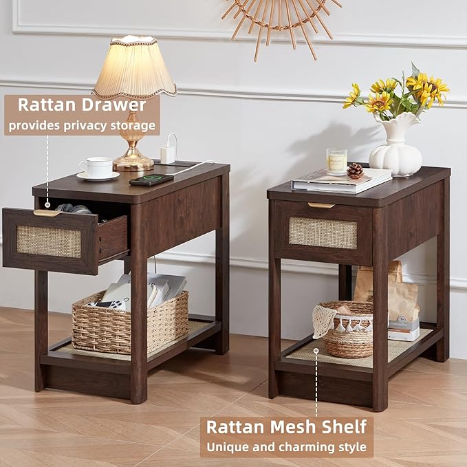 Lerliuo Narrow Night Stand Set of 2 with Charging Station, Boho Nightstand with Drawer, Bed Side End Table with Rattan Shelf for Small Spaces, Wood Nightstands Bedside Tables for Living Room Bedroom