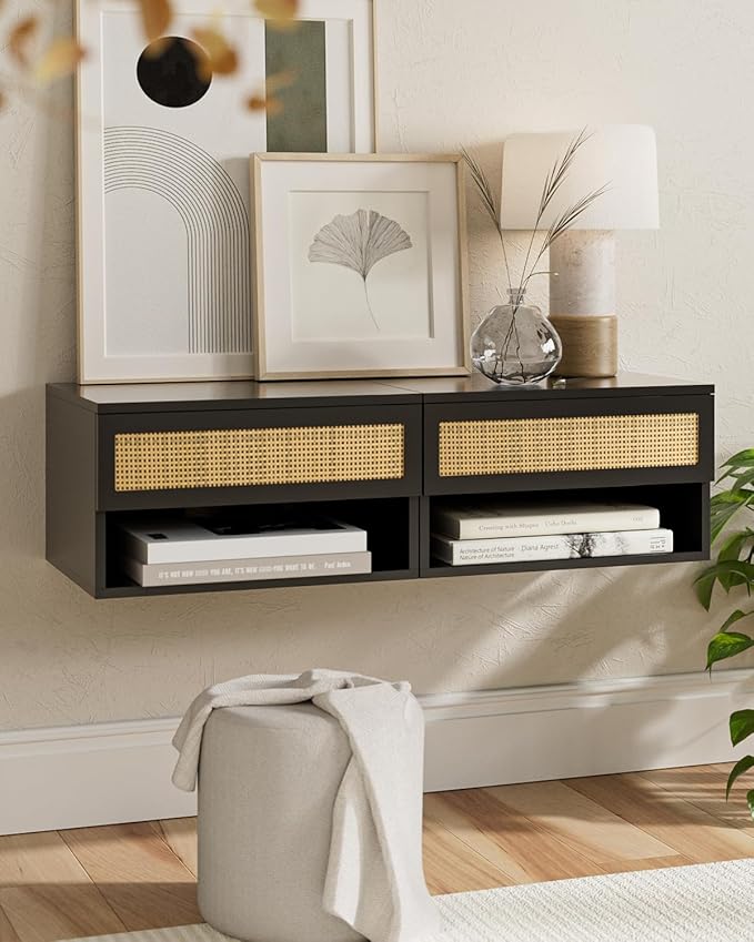 Floating Nightstand With Drawer - Small Modern Shelves for Bedroom, Bathroom (Black Rattan)