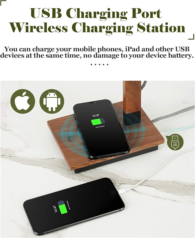 ELYONA Touch Control Sapele Wood Desk Lamp with Wireless Charging & USB Port, LED Reading Task Light,Adjustable, Swing Arm Table Lamp for Bedroom, Study Work, Office, Dorm, Bulb Included, Black