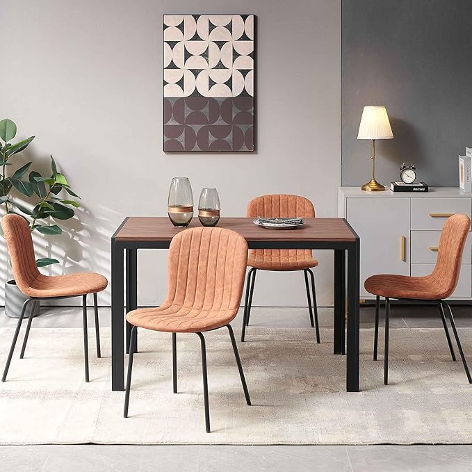 NORDICANA 5 - Piece Dining Set, Industrial Style 47 in Kitchen Table with Brown Faux Leather Dining Chairs for 4 Person, Dining Room Table Set for Dinette, Breakfast Nook Breakfast Nook