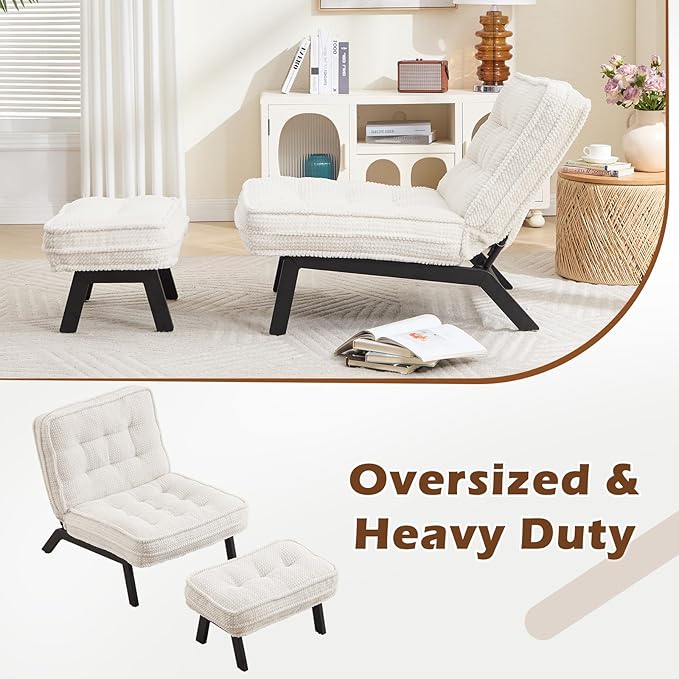 ANJ Accent Chair with Ottoman Adjustable Backrest, Beige Living Room Chair Tufted Upholstered Lounge Chair with Footrest Set, Modern Chair Cozy Reclining Chair for Reading Room Bedroom