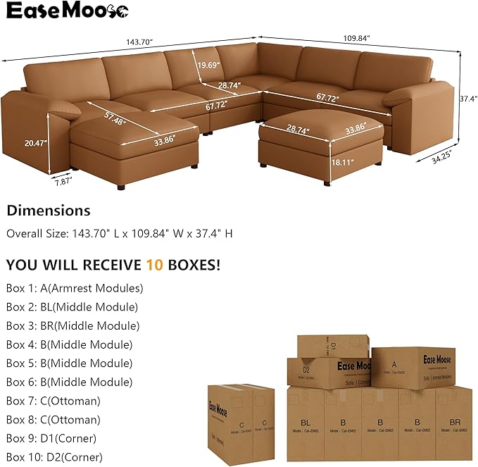 EASE MOOSE Leather Sectional Sofa, Oversized Faux Leather Sectional, Wide Deep Modular Couch, Scratch Resistant Material Sofas, U Shaped Couch,Brown