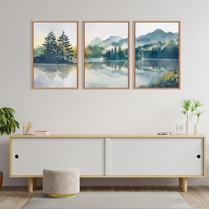 HPNIUB Large Green Mountain Framed Canvas Wall Art Set, Nature Foggy Forest Lake Reflection Wall Decor,Modern Pine Tree Artwork,Watercolor Landscape Art Print for Living Room,Bedroom,Office-16 x24 x3