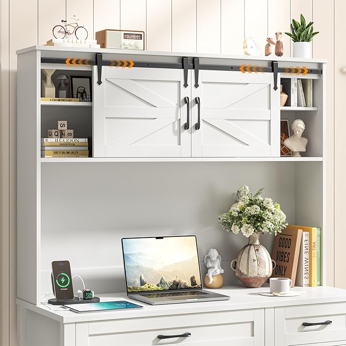 Farmhouse 67" H Executive Desk with Hutch,Office Table with LED light and 7 Drawers,Computer Desk with Charging Station,File Drawers and Storage Cabinet,Workstation for Home Office.Cream White