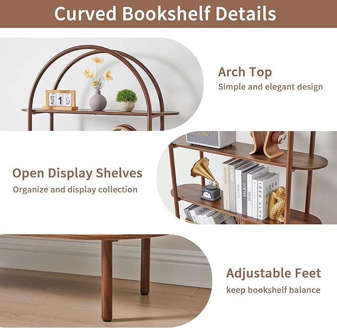 79" Tall Arched Bookshelf with Sliding Tambour Doors, Mid Century Modern Curved Bookcase Cabinet with Storage, 4-Tier Open Display Storage Shelf for Home Office,Living Room (Walnut, 79inch)