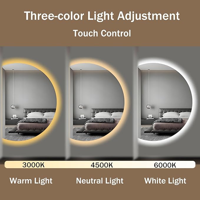 Modern Smart Anti-Fog Bathroom Mirror with Lights, Half Moon LED Wall Mirror, 3 Colors Dimmable Makeup Vanity Mirror, Large Frameless Decorative Mirror for Living Room(Left Cut,51"x35")