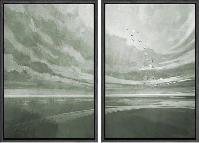 IDEA4WALL Framed Canvas Print Wall Art Set Green Horizon with Birds Serene Landscape Sky Illustrations Modern Art Decorative Bohemian Calm/Zen for Living Room, Bedroom, Office - 24"x36"x2 Black