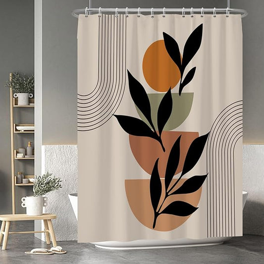 Baocicoo Boho Mid Century Shower Curtain Set Modern Minimalistic Leaves Shower Curtain for Bathroom Dormitory Bathtub Decor Durable Fabric Waterproof Curtain for Bathroom with Hooks 72x96 Inches
