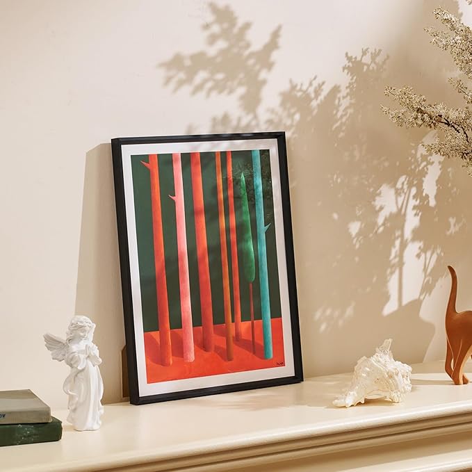 Framed Abstract Forest Wall Art for Living Room, 11x14 Inch Modern Geometric Tree Print, Colorful Minimalist Artwork for Walls with Matte Black Metal Frame and Acrylic Front,Bedroom Office Wall Decor