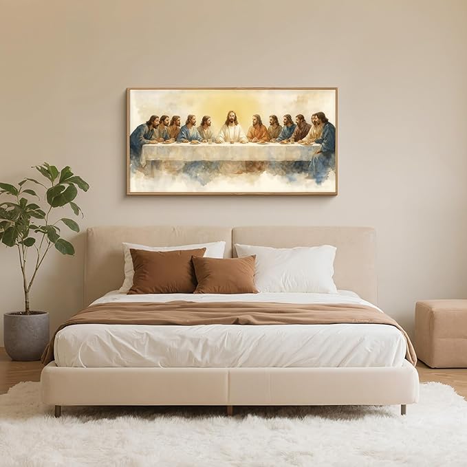 FWIEXA Jesus Last Supper Canvas Wall Art, Framed Christian Decor Painting, Religious Boho Prints, Bible Watercolor Artwork, 20x40In Verse Scripture Pictures for Living Room,Bedroom,Prayer Room