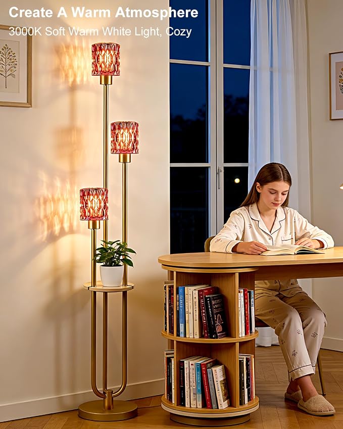 Lightdot 3-Lights Floor Lamp for Living Room Modern Gold Floor Lamp with Rose Red Glass Shade for Wedding/Party Farmhouse Tall Standing Lamp with 5Lbs Heavy Base for Bedroom/Sofa Beside/Corner Decor