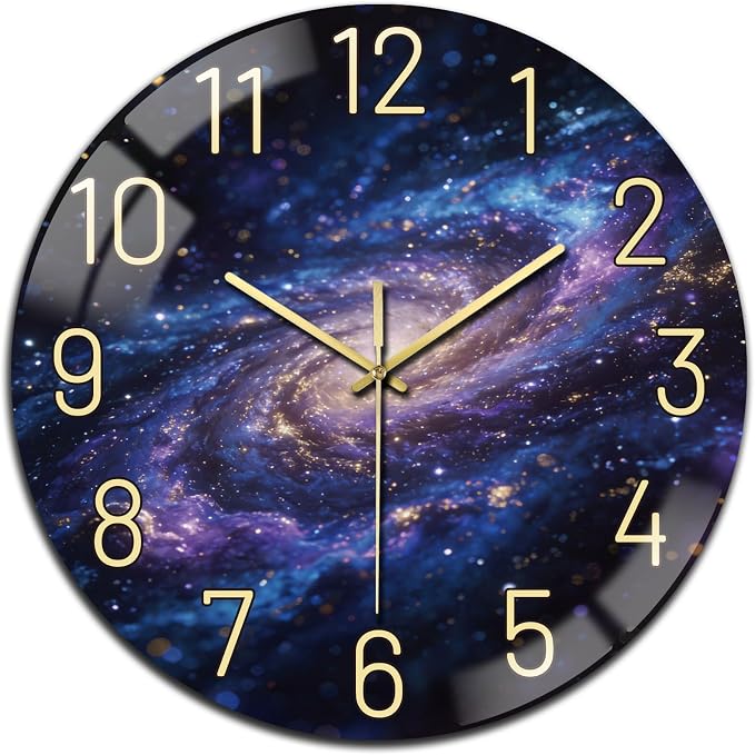 peacoblue Wall Clocks Battery Operated 12 Inch Universe Galaxy and Starry Sky Glass Round Wall Clock Non Ticking for Kitchen Living Room Dining Room Bedroom and Bathroom Decor (Battery not Included)