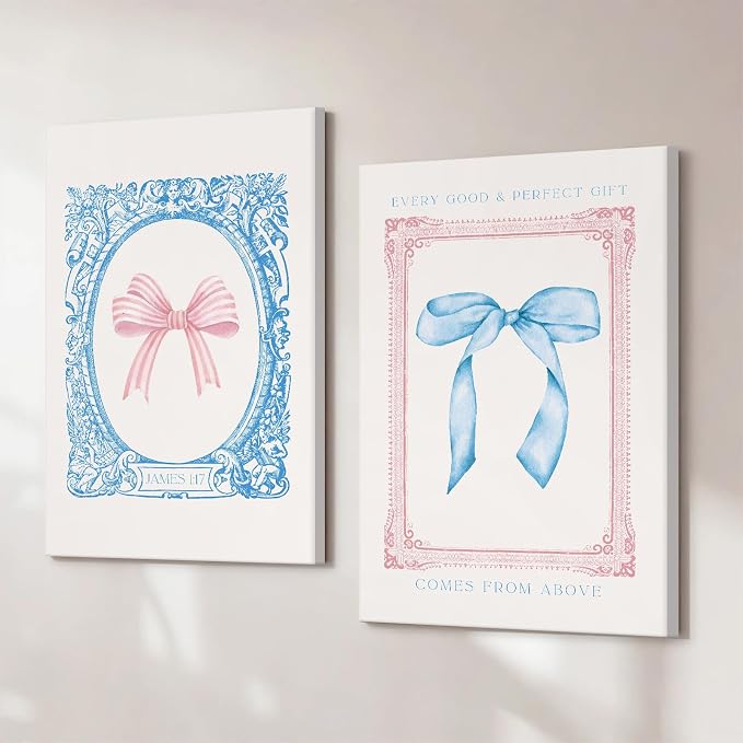 Preppy Bow Wall Art Decor Set of 2 Coquette Canvas Wall Decor Aesthetic Pictures Trendy Girly Wall Art Pink Blue Bow Prints Christian Bible Verse Poster for Bedroom Living Room 12x16 Inch Framed