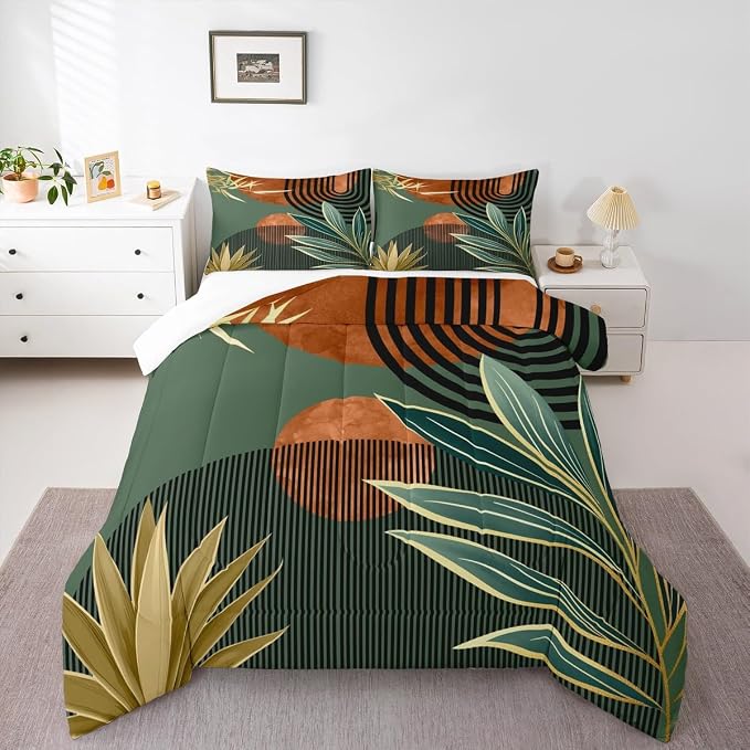 Erosebridal Mid Century Bedding Set King Size Vintage Bohemian Comforter Set,Modern Minimalist Bedding Comforter Sets Abstract Geometric Stripes Art Quilt,Green Orange