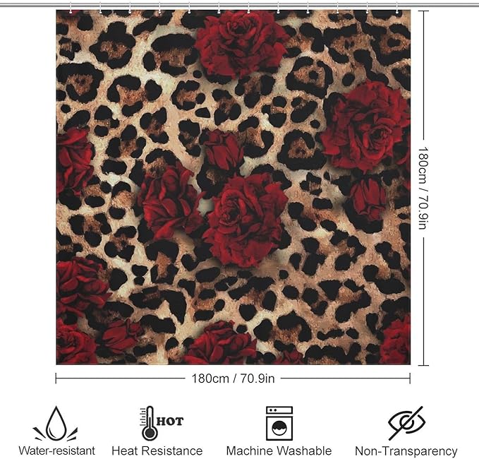 Leopard Rose Flower Shower Curtain Brown Wild Animal Skin Print Cute Red Rose Floral Valentine's Day Creative Modern Art Waterproof Shower Curtains for Bathroom Decor 12 Pack Hooks 72x72in (183x183cm)