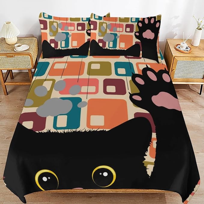 Mid Century Duvet Cover Sets Vintage Black Cat Modern Style Printed Lightweight Soft Quilt Cover Abstract Geometric Minimalist Soft Microfiber 3 Piece (1 Duvet Cover 79x90in + 2 Pillow Sham 20x30in)