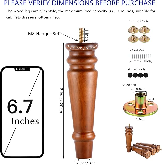 Maricome 8 Inch Furniture Legs Set of 4 Pre-drilled M8 Bolt Wood Replacement Sofa Legs for Cabinet Couch Chair Mid Century Screw in