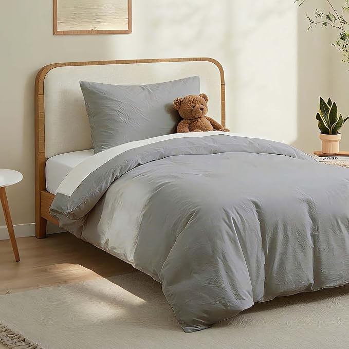 LOVQUE Light Grey Cotton Duvet Cover Twin Size, Linen Like Natural Bedding Set with Zipper Closure (No Comforter), 68x90 Inches
