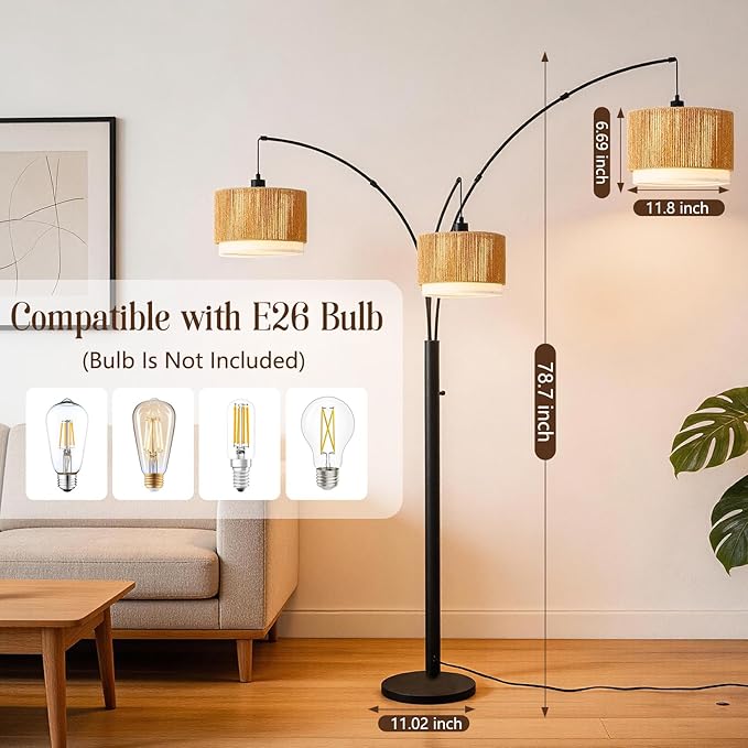 Boho Arc Floor Lamp for Living Room, Rattan Floor Lamp with Stepless Dimmable Switch, Farmhouse Standing Lamp with Wicker&Fabric Shade, Industrial Black Tall Lamp for Bedroom Over Couch Corner