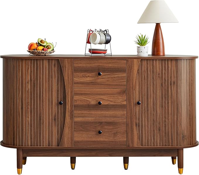 55inch Sideboard Buffet Cabinet with Drawer,Oval Curved Sideboard with Tambour Sliding Door,Walnut Buffet Storage Cabinet for Dining Room Living Room Entryway