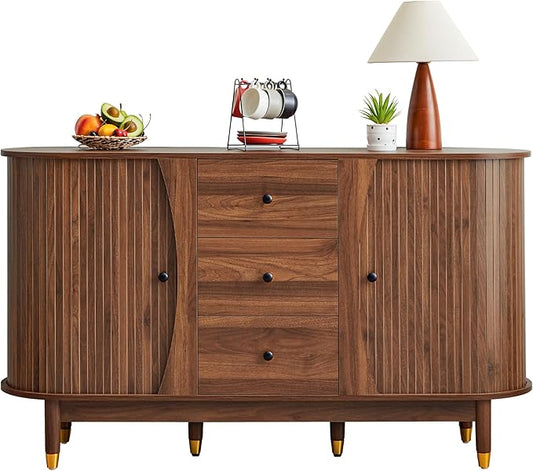 55inch Sideboard Buffet Cabinet with Drawer,Oval Curved Sideboard with Tambour Sliding Door,Walnut Buffet Storage Cabinet for Dining Room Living Room Entryway
