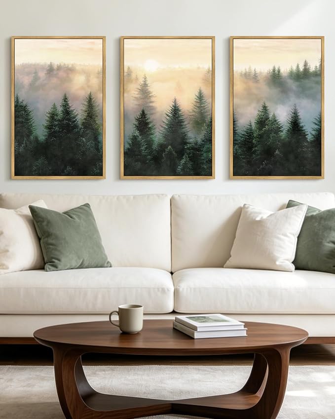 KUVIOKE Sun Dawn Fog Pine Tree Framed Wall Art Morden Nature Nordic Forests Artwork Bedroom Decor 16x24in (Natural Framed)