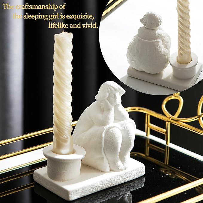 White Candle Holder, Handmade Ceramic Girl Candlestick Holders, Taper Candlelight Stand for Home Decor, Table Centerpiece and Coffee Table Decor