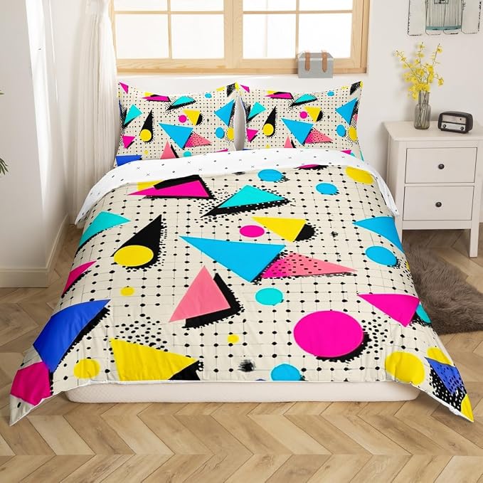 80s 90S Fashion Style Bedding Set Queen Size,Retro Memphis Style Pattern with Geometrical Shapes Duvet Cover for Kids Child,Funky Hipster Old Fashioned Comforter Cover Geometric Bedroom Decor