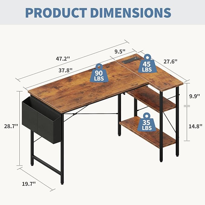 DUMOS 39" Corner Gaming Desk, L Shaped Computer Desk with 3AC+2USB+1Type-C Power Strip, Storage Shelves & Side Hanging Fabric Organizer, Rustic Brown Gaming Workstation for Home Office and Bedroom