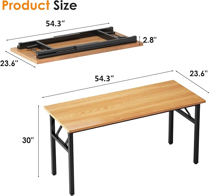 Need Folding Desk, 54 inch Large Computer Desk for Home Office, No Install Needed Study Student Writing Table Desk Workstation, Teak Black