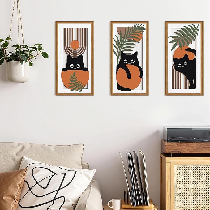 Ausril 3Pcs Boho Black Cat Wall Decor,Boho Cats Wall Art,Mid Century Modern Decor Black Kitty,Abstract Geometric Cats Artwork,Minimalist Botanical Bohemian Cat Wood Art for Home Bedroom Living Room
