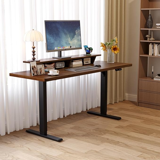 63 x 24 Inches Electric Standing Up Desk with Monitor Shelves,Height Adjustable Computer Desk from 28-46''with Memory Controller,Modern Home Office Desk for Work,Study,Walnut