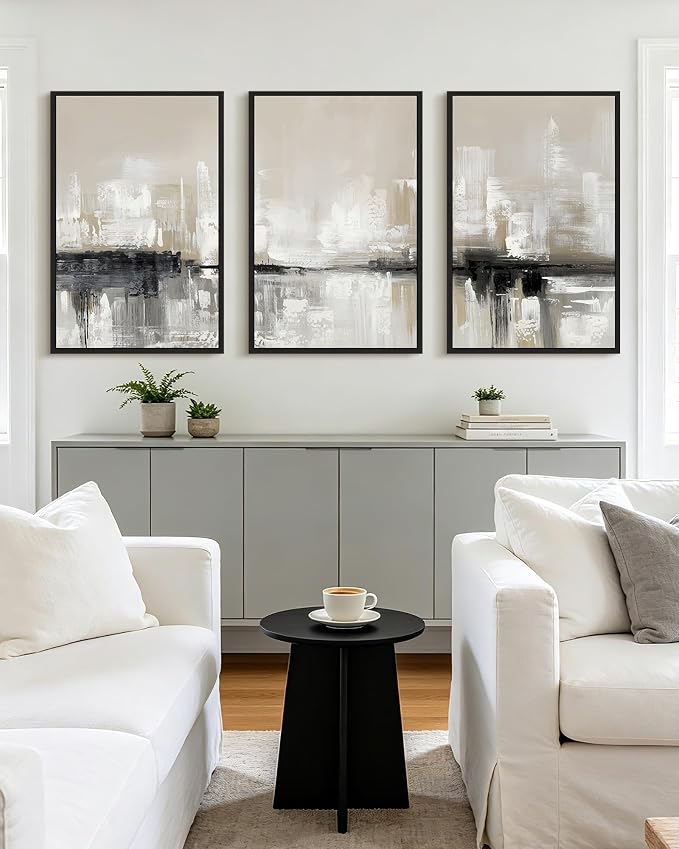 KUVIOKE Abstract Gray Framed Wall Art Neutral Brown Artwork Painting Morden Minimalist Wall Decor Rustic Home Decor 24x36in (Black Framed)