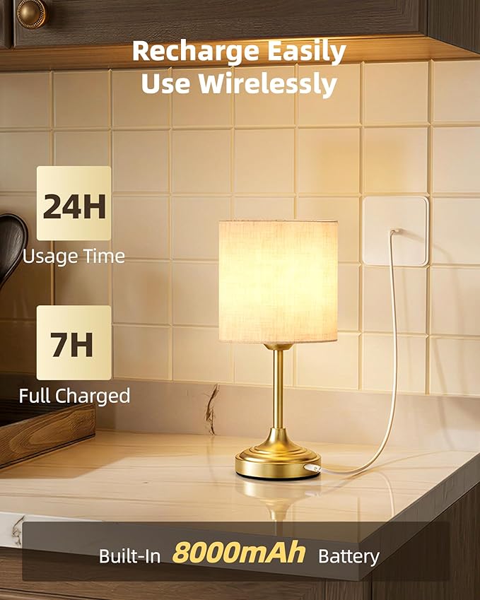 Battery Operated Lamp, 8000mAh, Dimmable, Ambient Light, 2700K, Touch Control, Portable, Small, LED, Wireless, Rechargeable, Cordless, Desk Lamp, Kitchen Lamp, Fabric Shade, for Dining Room, Bedroom