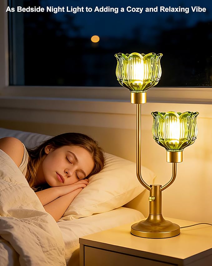 Lightdot Vintage Green Glass Table Lamp for Bedroom Dimmable Mid Century Modern Desk Lamp Gold Flower Nightstand Lamp 2 Bulbs Included Warmwhite Ambient Bedside Lamps for Living Room Home Office Decor