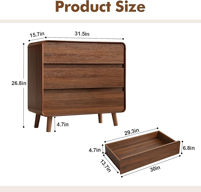 3 Drawer Dresser for Bedroom, Mid Century Modern Chests of Drawers, Curved Bedroom Dresser with Storage Drawer, Wooden Furniture for Living Room, Closet, Home Office,Walnut