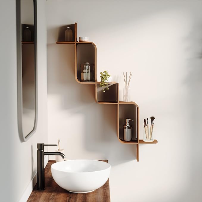 Umbra Montage Floating Wall Shelf Display Case, Made of Natural Bent Wood, Light Walnut