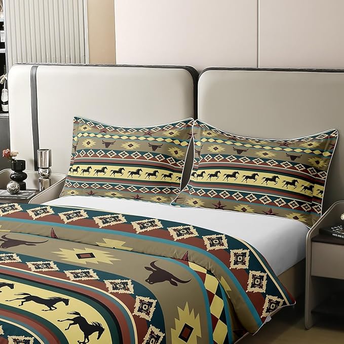 100% Cotton Horse Duvet Cover King Texas Star Bedding Set Aztec American Southwestern Bull Skull Comforter Cover Green Blue Abstract Geometric Native Tribal Room Decor Quilt Cover for Teens