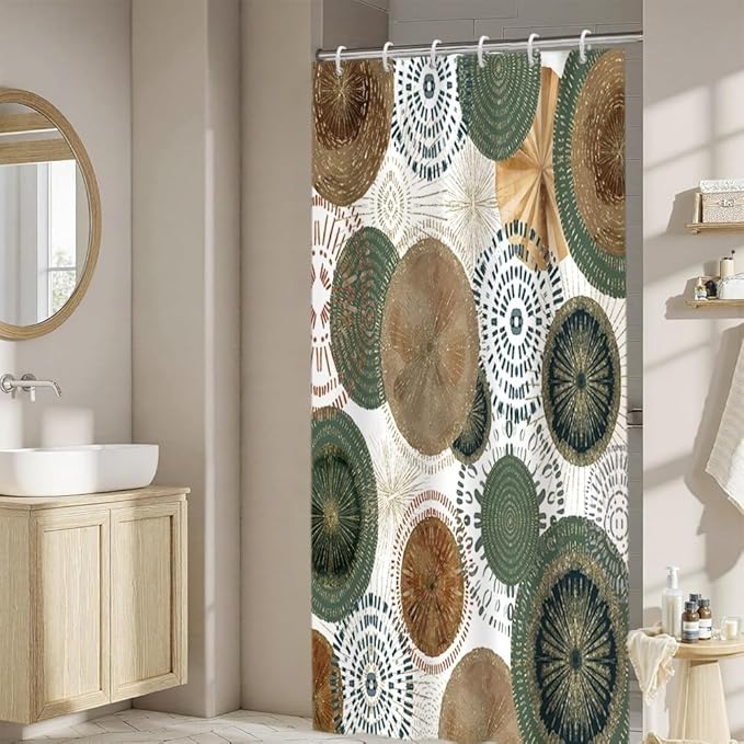 Mid Century Retro Bohemian Shower Curtain for Bathroom Green and Brown Circle Shower Curtains Abstract Geometric Design Bathroom Decor Set Washable Waterproof Polyester Fabric with Hooks 36x72 Inch