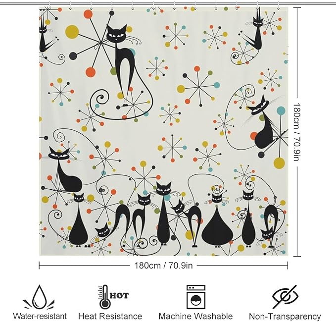 Mid Century Atomic Cat Shower Curtains, Atomic Abstract Geometric Cat Retro Pattern Waterproof Shower Curtains for Bathroom Decor 12 Pack Hooks 72x72in (183x183cm)