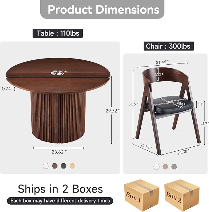 Howtek 47″ Round Dining Table Set for 4-6 People, 5 Piece Modern Kitchen Table with Natural Walnut Wood Grain Finish & 4 PU Leather Upholstered Dining Chairs（Curved Backrest & Solid Wood Legs ）