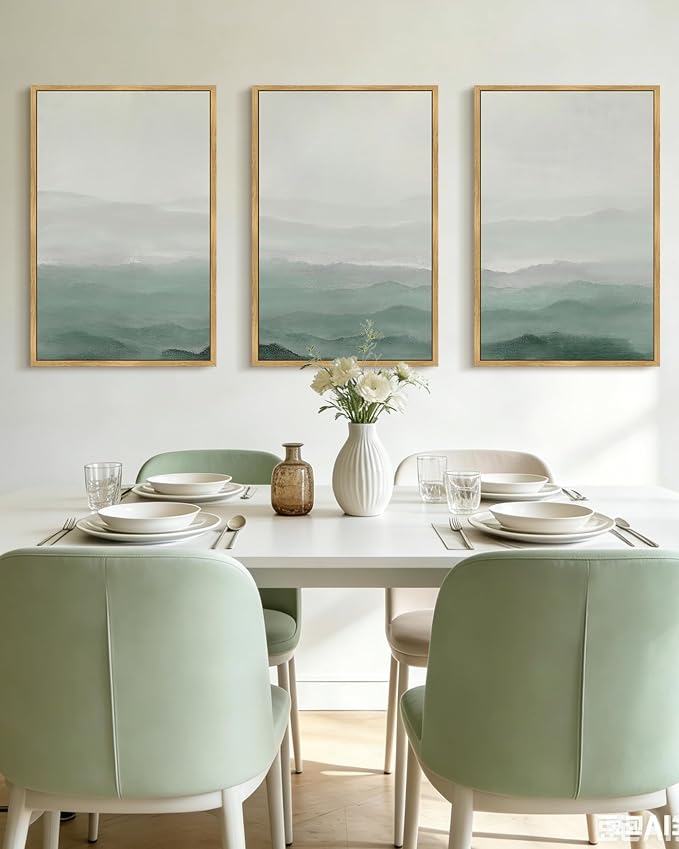 KUVIOKE Green Watercolor Mountains in Fog Framed Canvas Wall Art Wilderness Nature Landscape Artwork Painting Boho Rustic Scenic Relax Cool Room Decor for Bedroom Living Room 24x36in (Natural Framed)