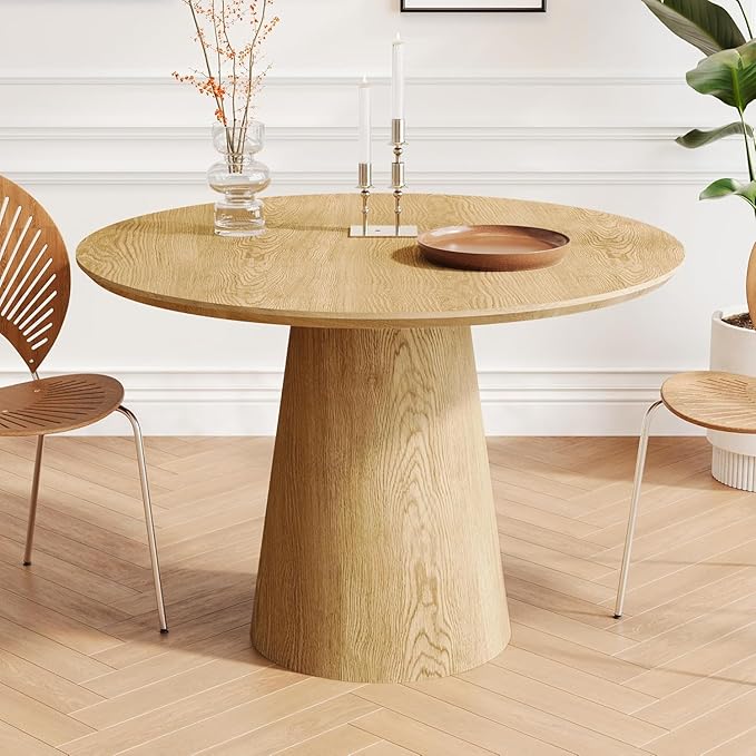 Farmhouse Round Dining Table for 4-5, 43" Round Wooden Kitchen Table with MDF Table Top Pedestal Base,Mid Century Modern Minimalist Dining Table for Dining Room Kitchen Living Room Small Space Oak