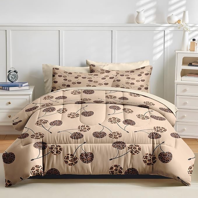 Nesker 5 Pcs Comforter Set Twin Size, Cherry Leopard Beige Bedding Set for Kids and Adults, Modern Cute Brown Bed Sheet Sets with Fitted Sheet Pillowcases & Shams