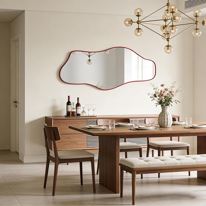 Large Irregular Wall Mirror, 63"x30" Red Asymmetrical Tempered Glass Mirror, Frameless Organic Shaped Mirrors for Entryway Hallway Bedroom Living Room, Horizontal or Vertical Hanging