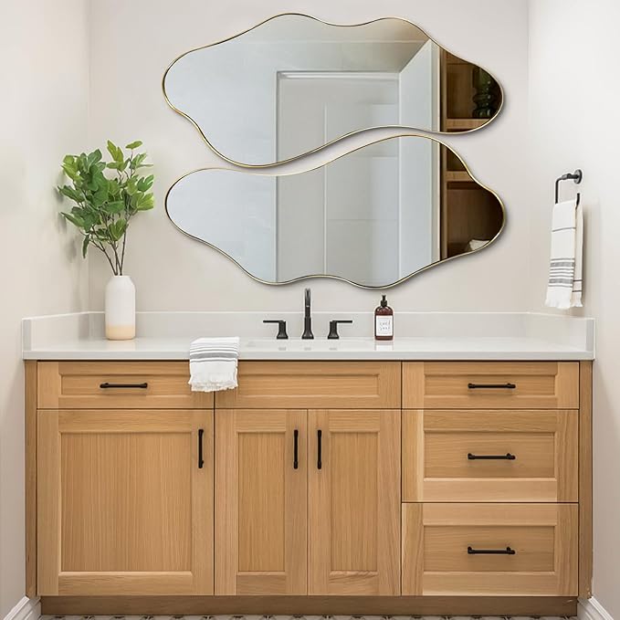 Irregular Mirror, 40"x18" Asymmetrical Wall Mirrors with Gold Metal Frame, Odd Shaped Mirror Decorative, Modern Abstract Mirrors for Living Room Bathroom Bedroom Hallway Entryway Fireplace